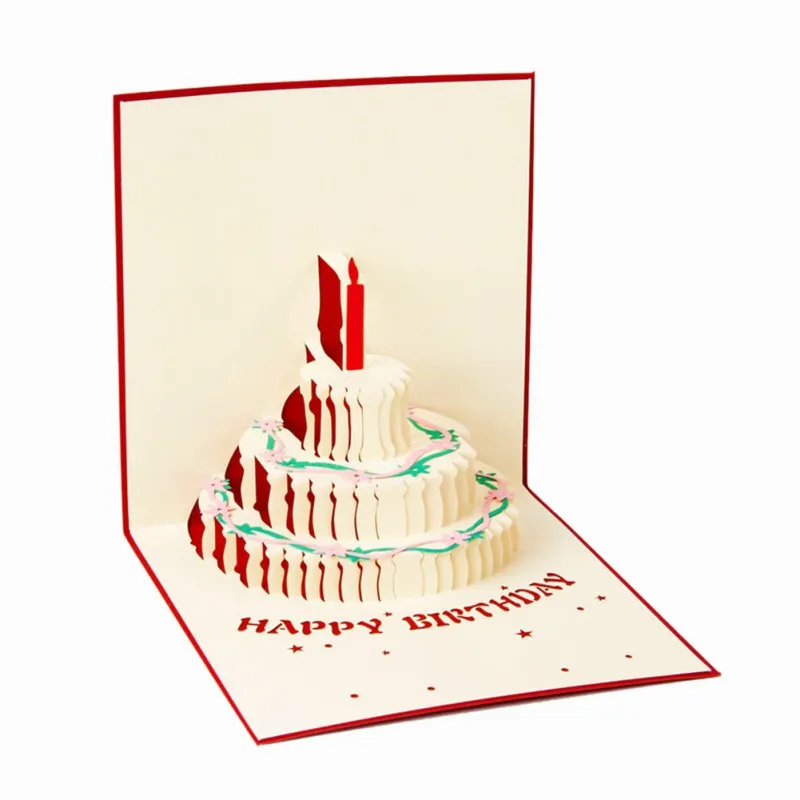 Todo-mais novo bolo de aniversário 3d papel corte a laser pop up cartões postais feitos à mão cartões de presente personalizados fontes de festa 235k