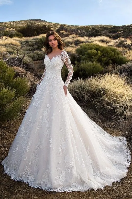 Vestidos de noiva vintage de manga comprida, vestido de noiva com apliques de renda, decote transparente, jardim, país