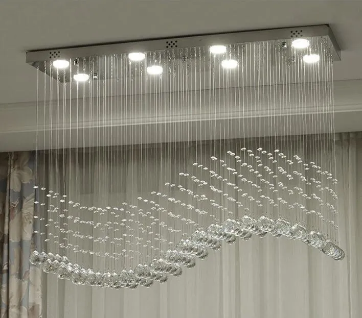 現代のクリスタル長方形シャンデリア照明雨ドロップクリスタル天井照明照明波のデザインダイニング用フラッシュマウントRO296R