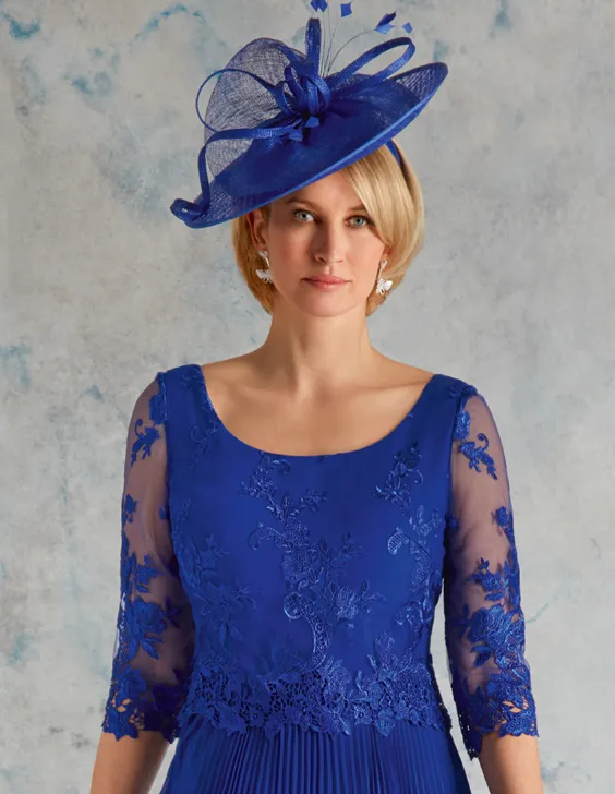 Royal Blue Lace Mãe da Noiva Vestidos Scoop Neck Com Meia Mangas Vestido de Convidado de Casamento Plissado Chiffon Na Altura Do Joelho Vestidos de Noite 326 326