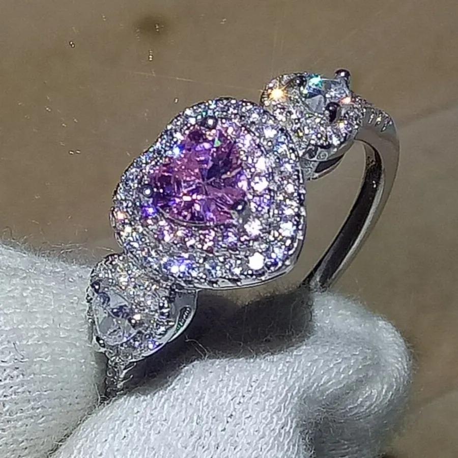 Anello di promessa a forma di cuore 100% Real Soild 925 gioielli in argento sterling Anelli di fidanzamento con diamanti rosa zaffiro CZ wo321L