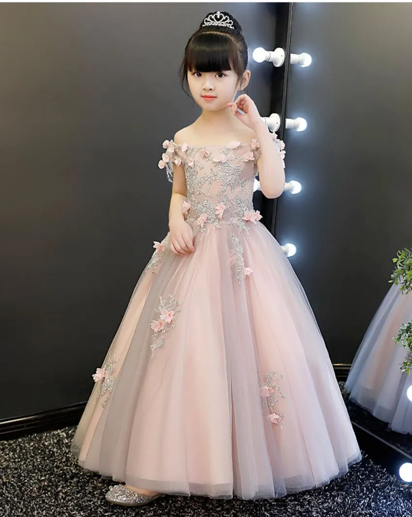 Robe princesse à fleurs pour filles, tenue Tutu longue en Tulle rose, sans épaules, pour fête de mariage, anniversaire, pour enfants, 229s, nouvelle collection