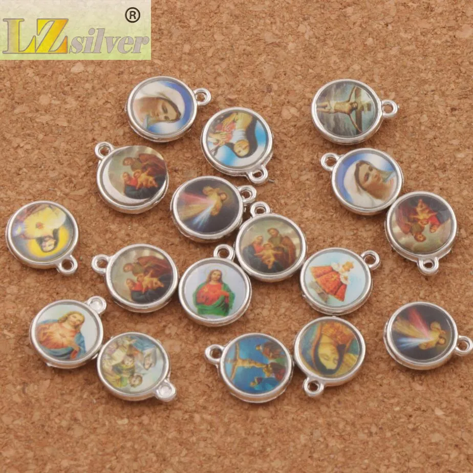 200 pçs / lote Esmalte Igreja Religiosa Católica Medalhas Santos Spacer Charm Beads 14x11 4mm Pingentes de Prata Antigo L17062045