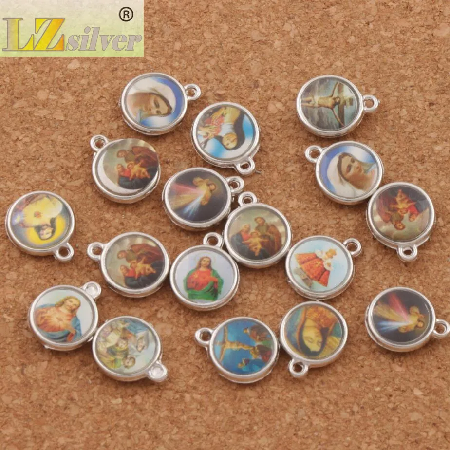 / émail médailles d'église religieuse catholique Saints Spacer perles de charme 14x11 4mm pendentifs en argent antique L17062045