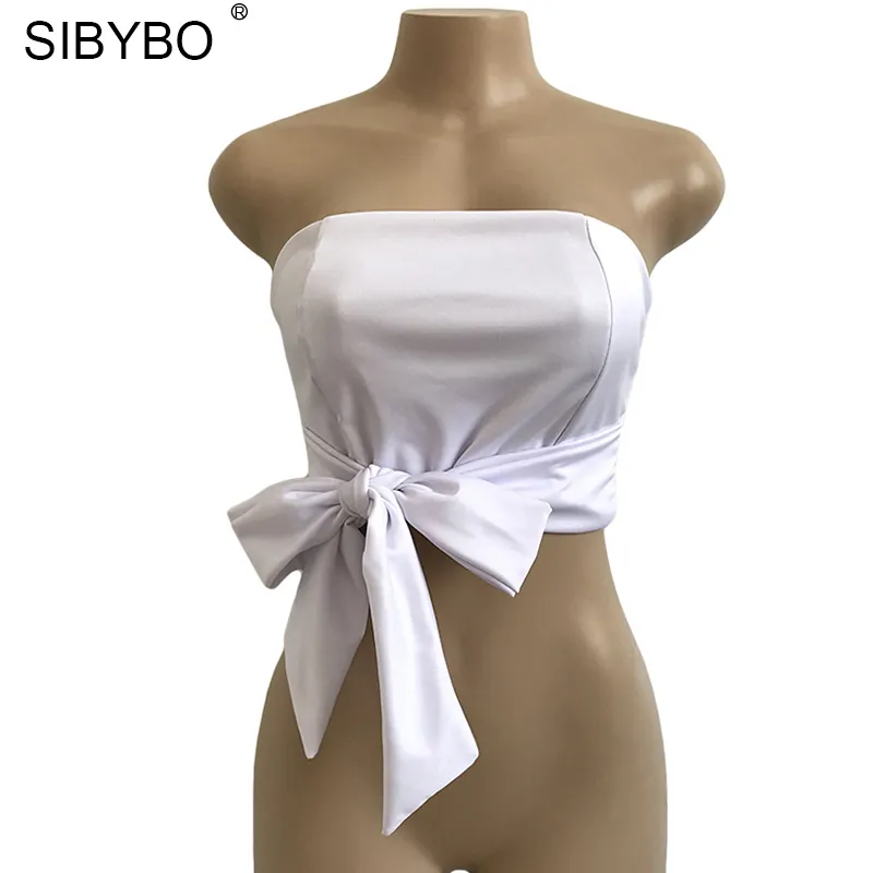 Sibybo القوس قميص بروتيل المرأة الأعلى 2018 مثير قبالة الكتف جديد أزياء حزب سليم عارية الذراعين النساء المحاصيل قمم Blusa S920