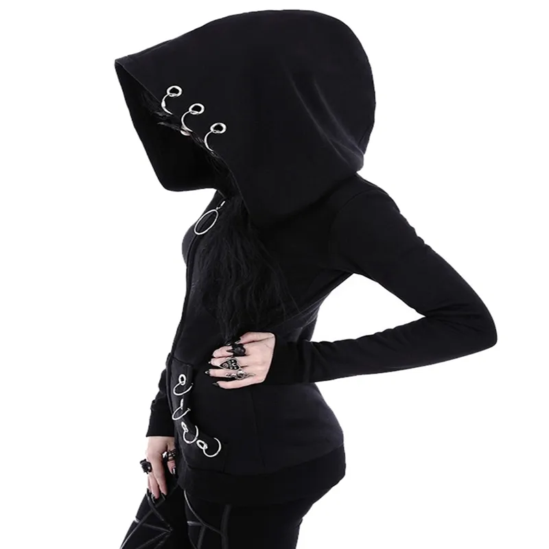 Long Gothic Punk Women Hoodies Iron Ring Black Loose Hood Long Sleeve Casual Sweatshirt Plus Size Oversize Tracksuit Hoody D18103001