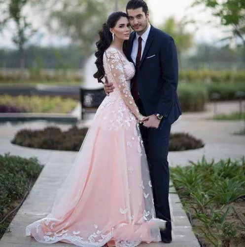 Evening Elegant Square Pink Long Illusion Sleeves with White Applique Prom Gowns Back Zipper Custom Made Formal Ocn Dresses