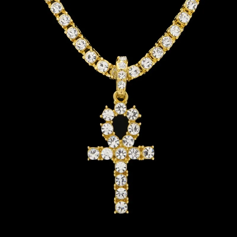 Męski łańcuch Egiptian Ankh Key Wisiant Naszyjnik Hip Hip Biżuteria Rhinestones Crystal Cuban Link Gold Chains286D