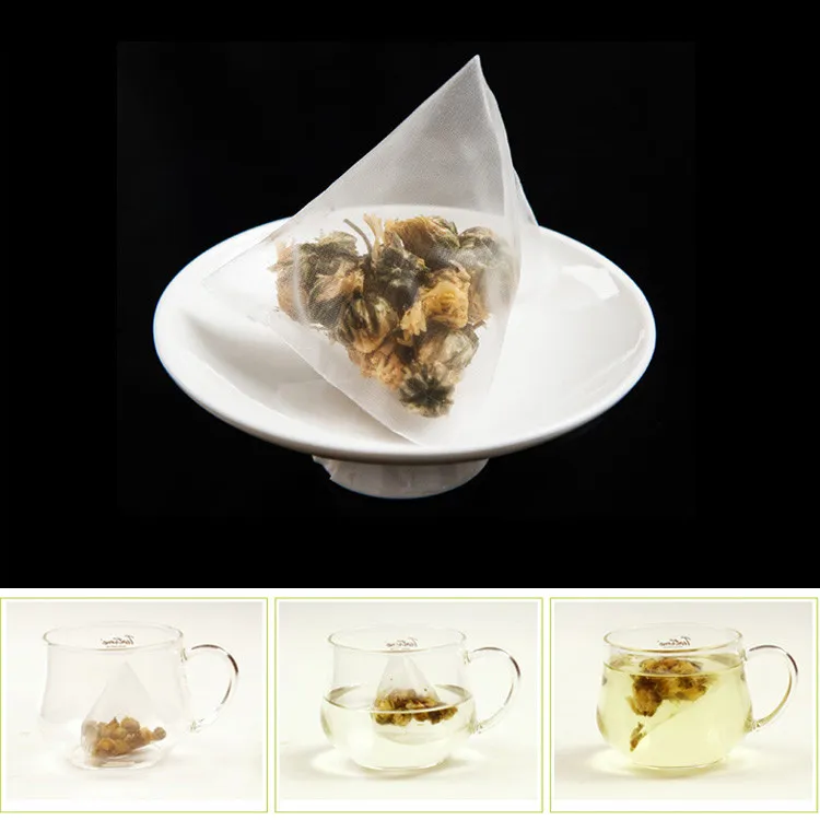 1000 шт./лот, биоразлагаемые чайные фильтры PLA, кукурузное волокно, чайные пакетики, четырехугольная форма пирамиды, термосвариваемые фильтр-пакеты, пищевые 55 70 мм242Q