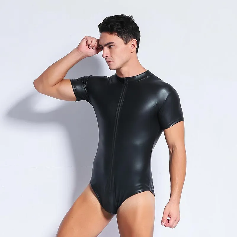 Plus Größe S-3XL Schwarz Sexy Herren Leder Body PU Latex Catsuit Männer Sexy Dessous Patent Leder Einteiliges Trikot homosexuell Wea319y