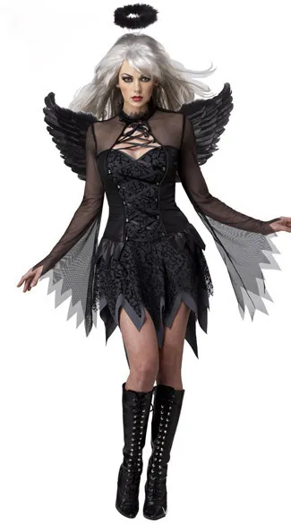 White Black Devil Fallen Angel Costume Women Sexy Halloween Party Clothes Adult Costumes Fancy Dress Head Wear Wing235D