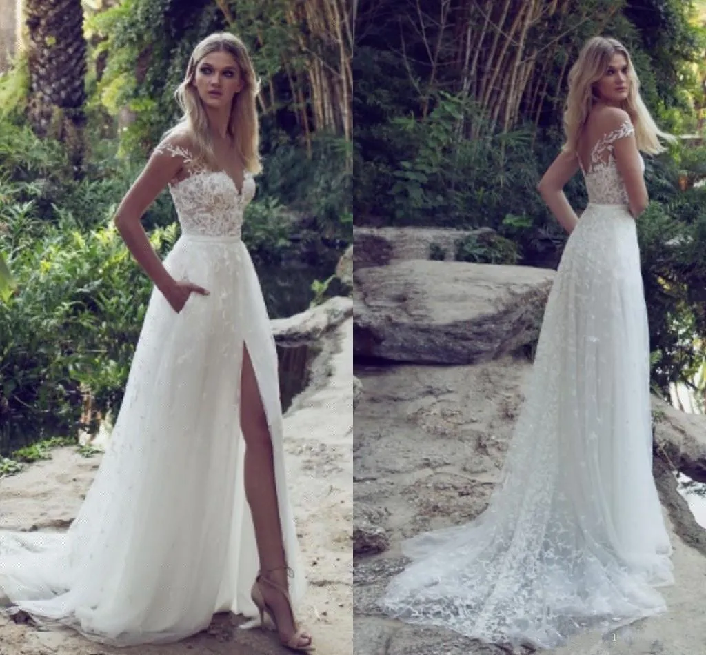 Simple Lomor Rosen Lace Wedding Dresses Sheer Neck High Side Split Sweep Train Vintage Garden Beach Boho Wedding Party Bridal Gowns