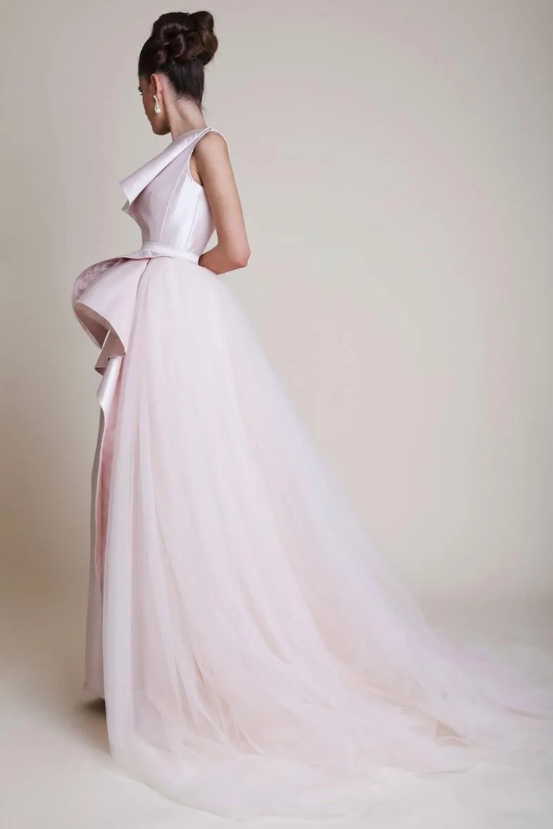 designer pink one shoulder evening dresses overskirt sheath prom gowns satin floor length formal dress