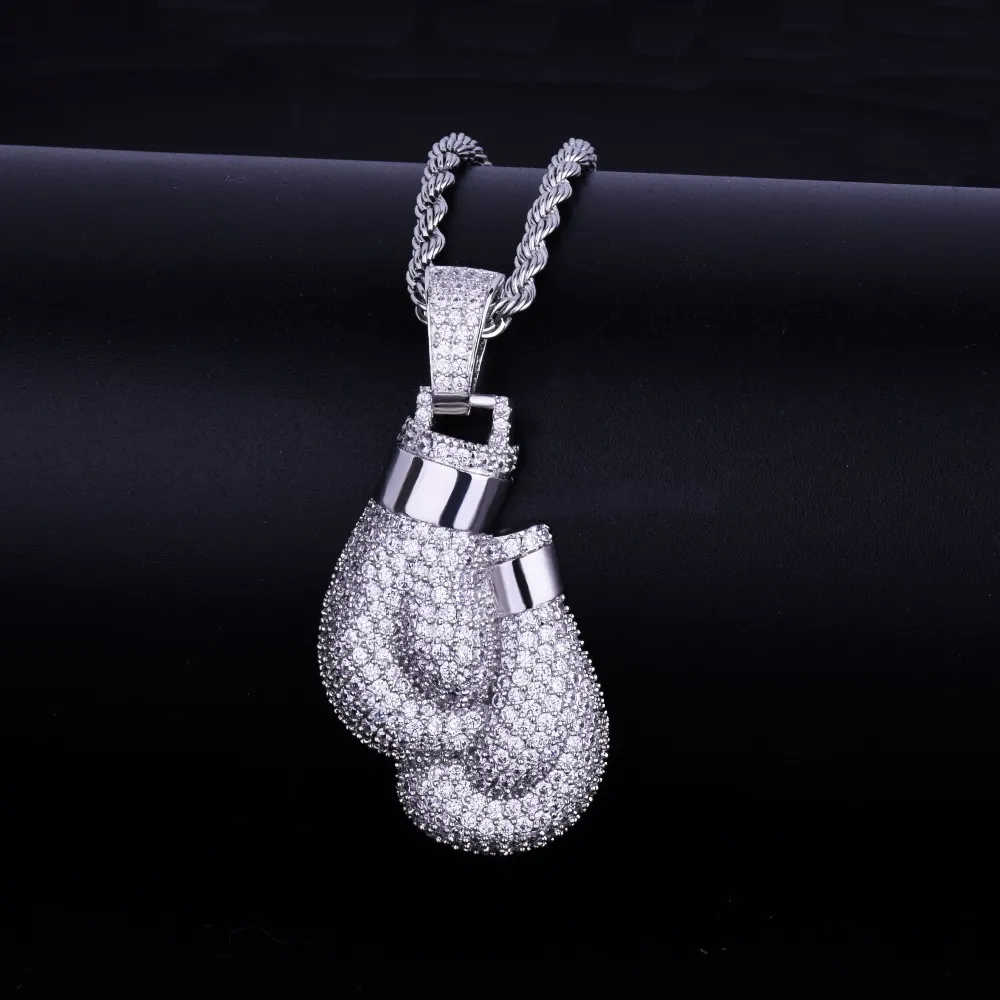 Hip hop Bling Boxing Gloves Pendant Necklace With Rope Chain Gold Silver Color Iced Out Cubic Zircon Jewelry192c