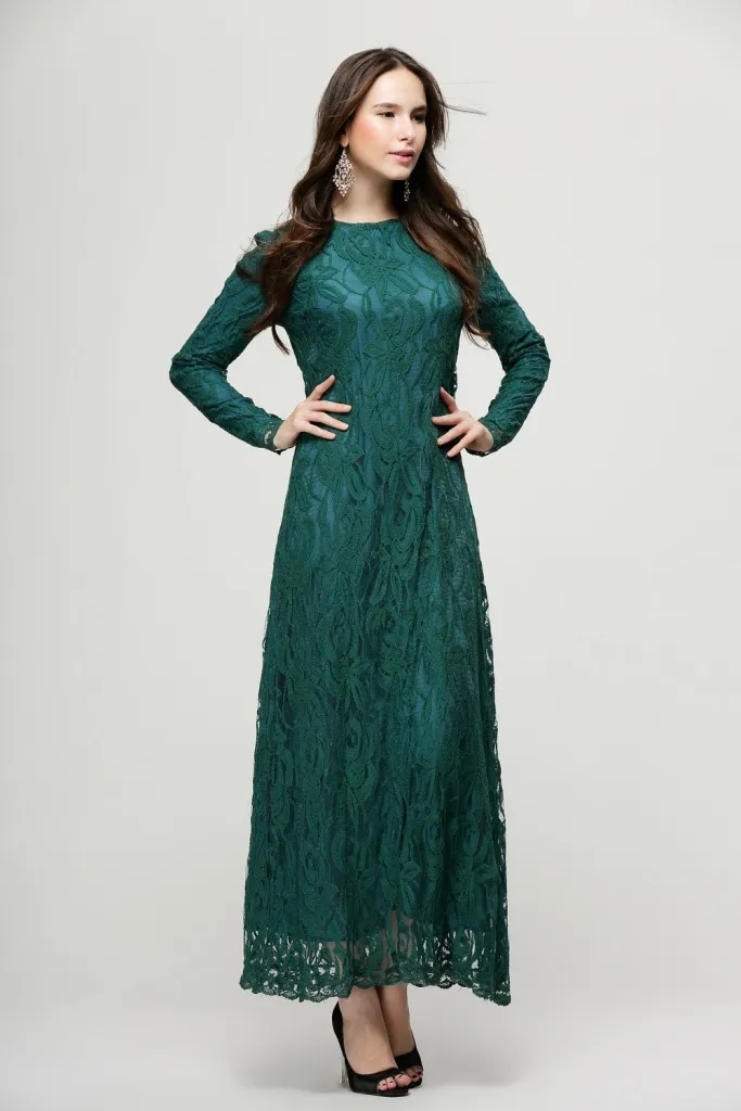 Кружева Мусульманские Арабские Халаты Мода Женщины Исламская Абая Кафтан Платье С Длинным Рукавом Дамы Макси Платье Зеленый Черный Розовый