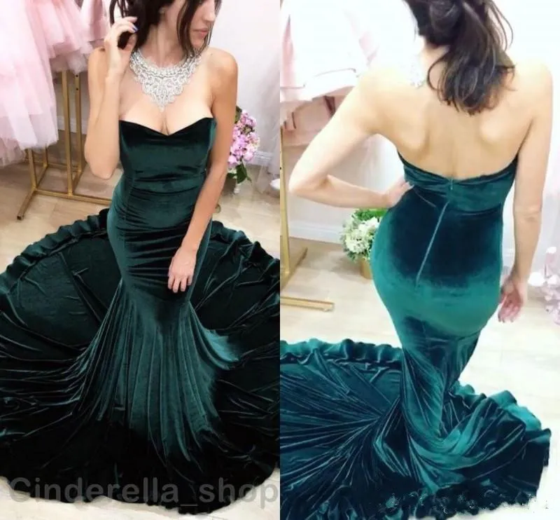 Dark Green Mermaid Prom Dresses Simple Velvet Sweetheart Zipper Back Court Train Formal Party Evening Dress For Women Dress