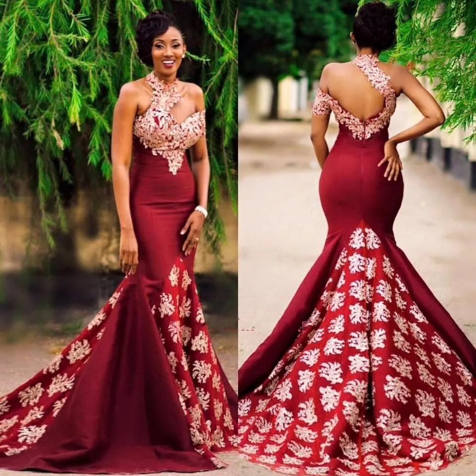 2018 Mermaid Burgundy Evening Dresses with Gold Lace Appliqued High Neck African Prom Dresses Court Train Women Formal Party Gowns BA7749