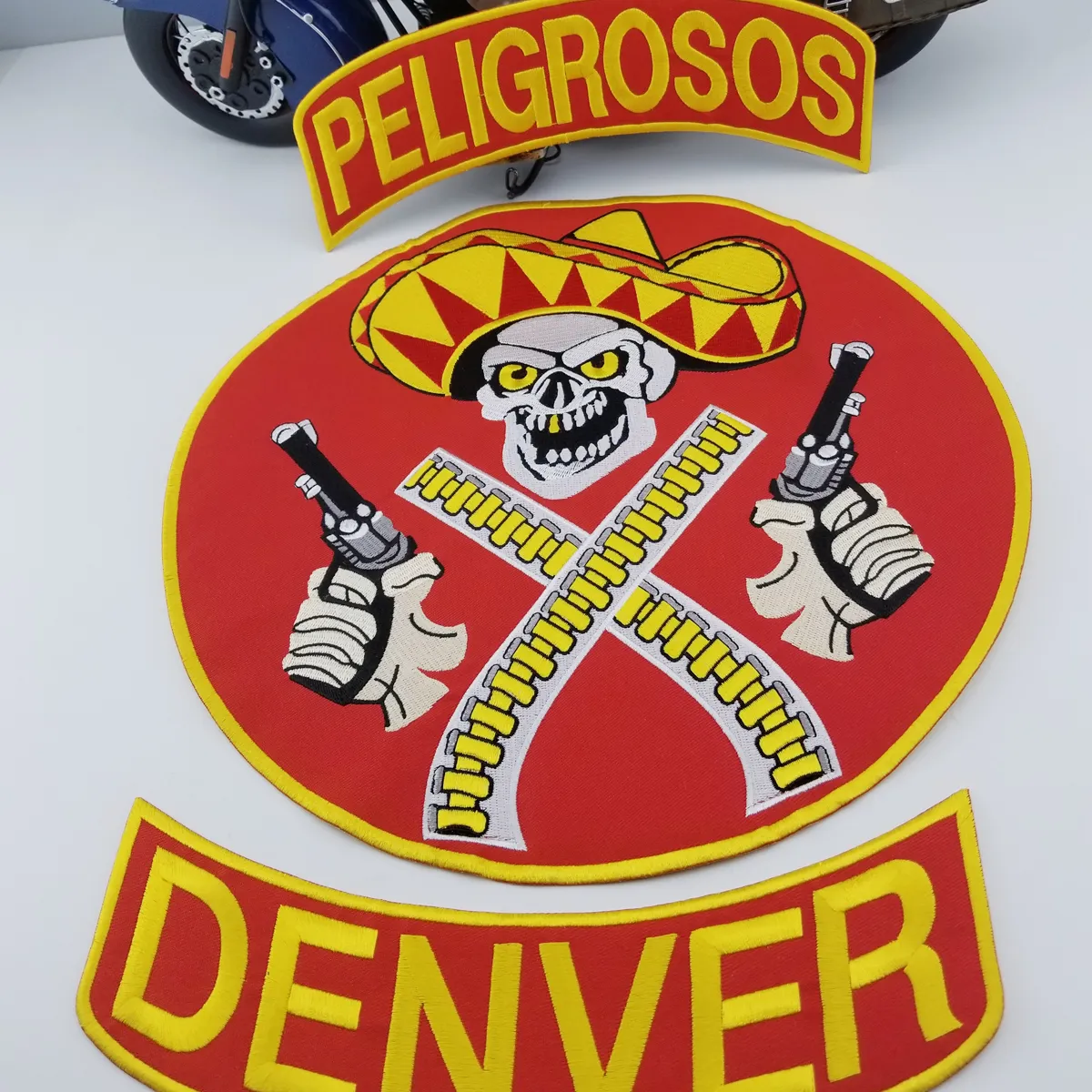 PELIGROSOS  Red  Motorcycle Club Vest Jacket Biker MC Embroidery Patches Iron on Large Back Patches