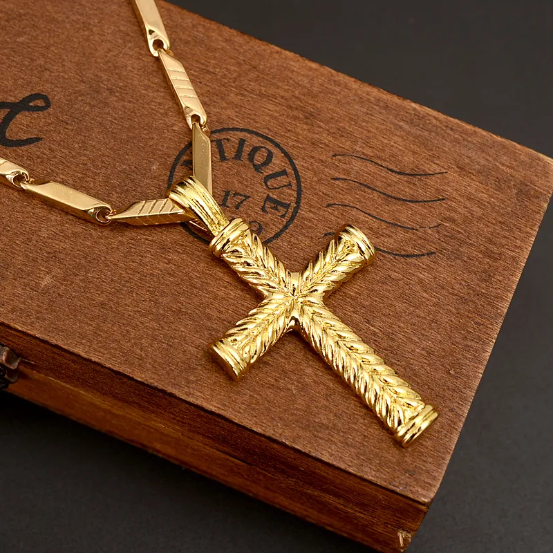 14k Solid Fine gold GF charms lines pendant necklace MEN'S Women cross fashion christian jewelry factory wholecrucifix go232k