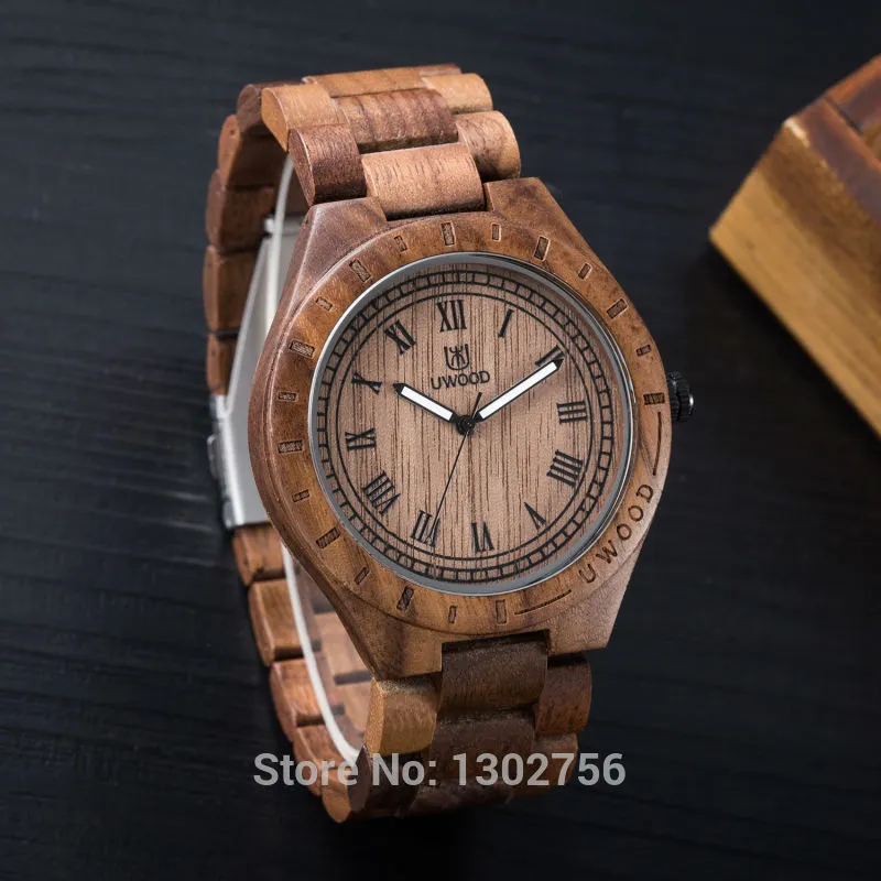 Neue natürliche schwarze Sandale Holz Analoguhr UWOOD Japan MIYOTA Quarzwerk Holzuhren Kleid Armbanduhr für Unisex1318g