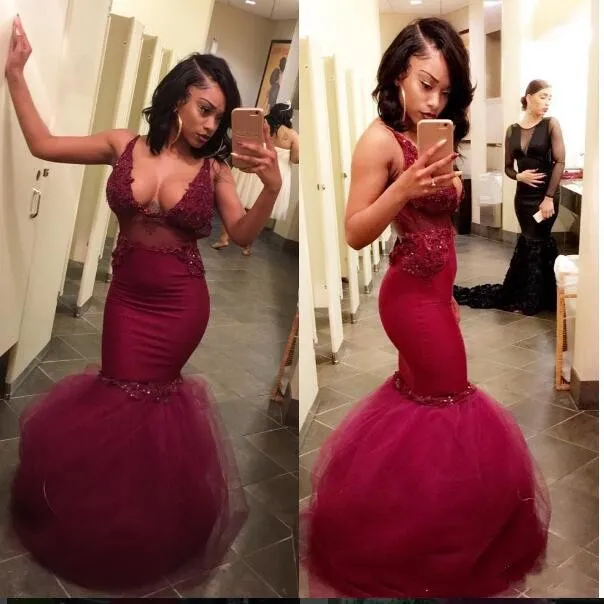 Newest Sexy Gorgeous Burgundy Mermaid Prom Dresses Lace Beaded Spaghetti Deep V Neck Sweep Train Tiered Tulle Party Gowns Evening Dress