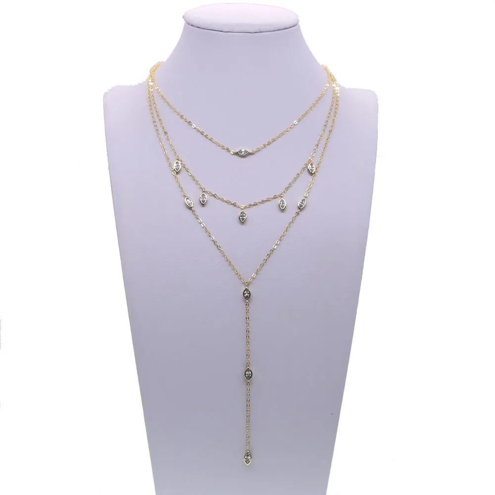 Européen USA vente de bijoux pour femmes de haute qualité plaqué or femmes trois couches multicouche chaîne longue sexy été cz charme neck254B