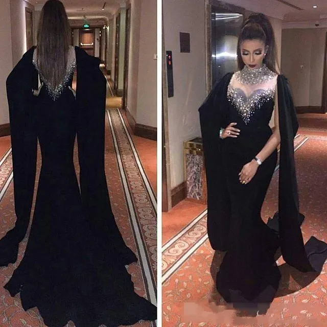 Dubai Arabic Luxury Black Mermaid Prom Dresses with Watteau Train Beads Crystals Sweep Train Backless Formal Evening Party Wear