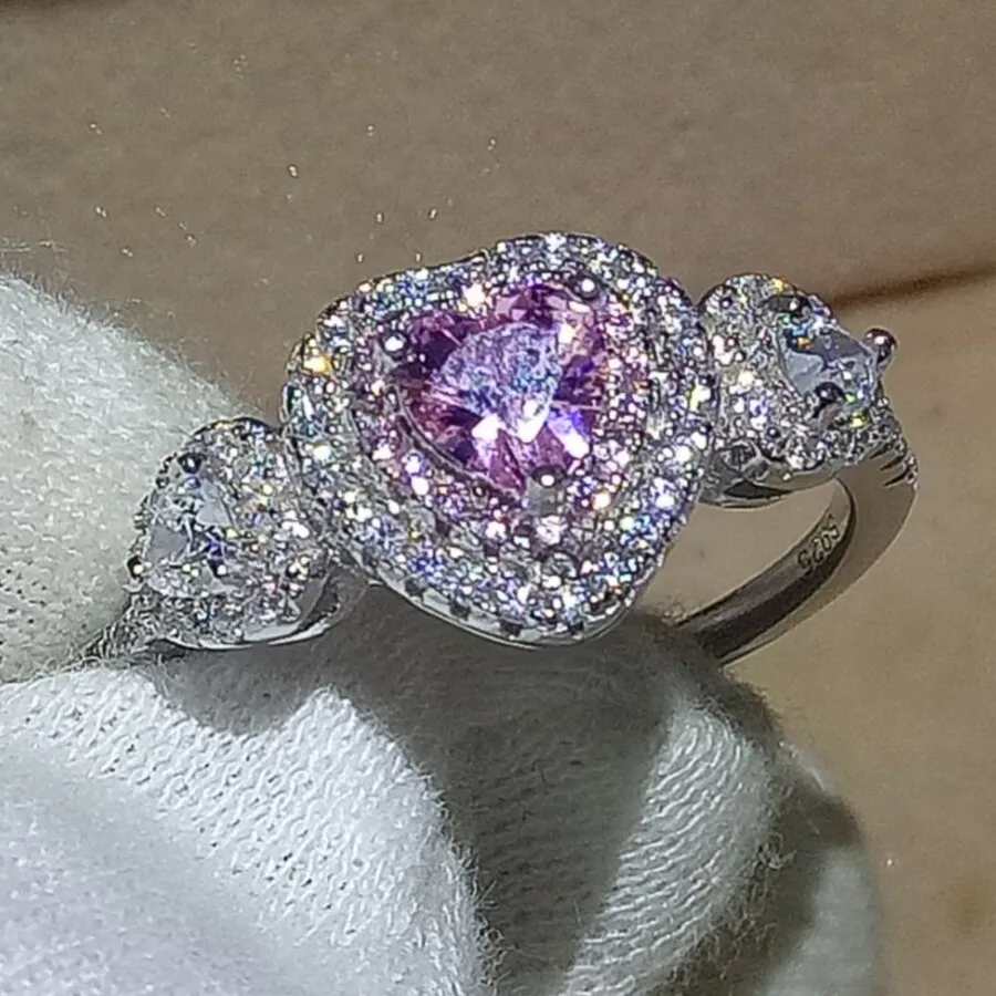 Anello di promessa a forma di cuore 100% Real Soild 925 gioielli in argento sterling Anelli di fidanzamento con diamanti rosa zaffiro CZ wo321L