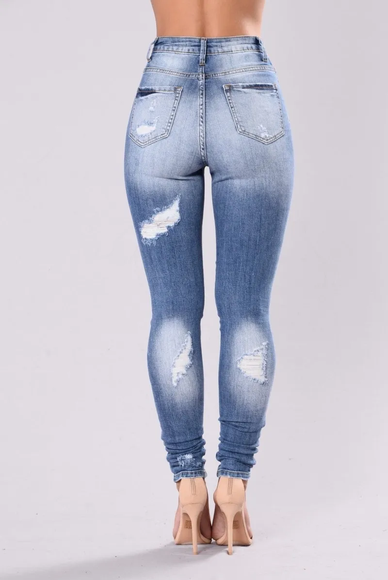 Moda verão estiramento buraco rasgado cintura alta feminino denim lápis calças para mulheres jeans magros S-3XL