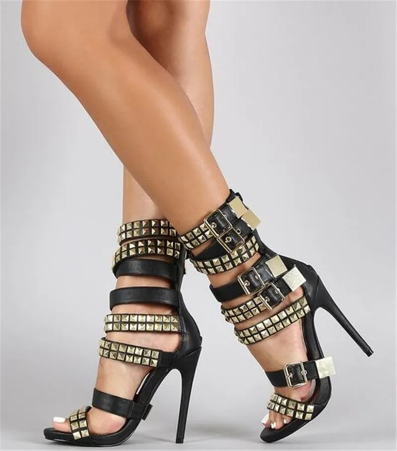 Open teen nieuwe mode dames riemen ontwerp klinknagel stiletto gesneden spike hoge hak buckle sandalen jurk schoenen 5