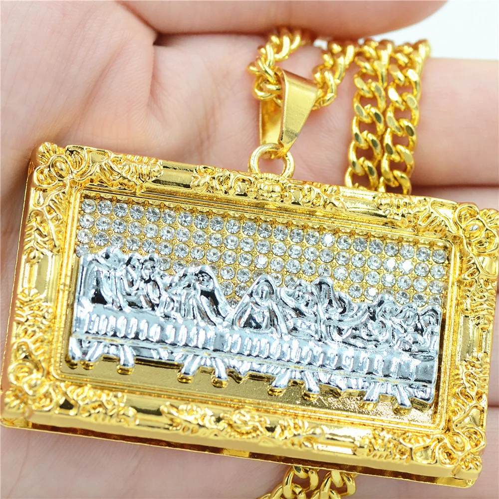 Hip Hop Big Jezus Charm Wisianty Naszyjniki Bling Bling Ighed Out Crystal Last Supper Naszyjniki szale ze stali nierdzewnej Chai254c