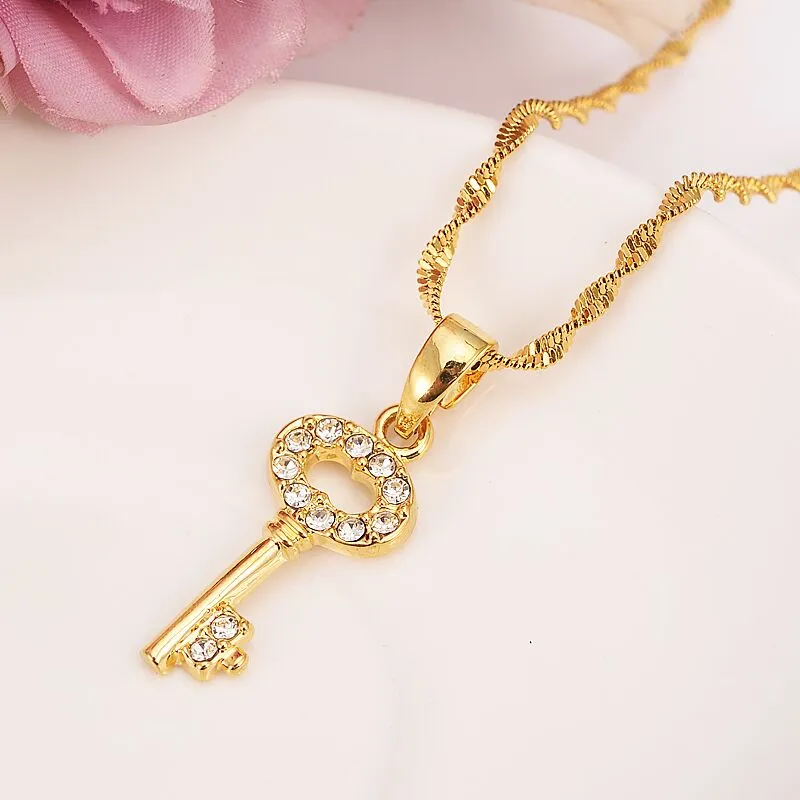 Fashion Necklace Set Party Gift 14k Solid Fine Gold Filled crystal cz a golden key pattern pendant Earrings african Jewelry Sets250r