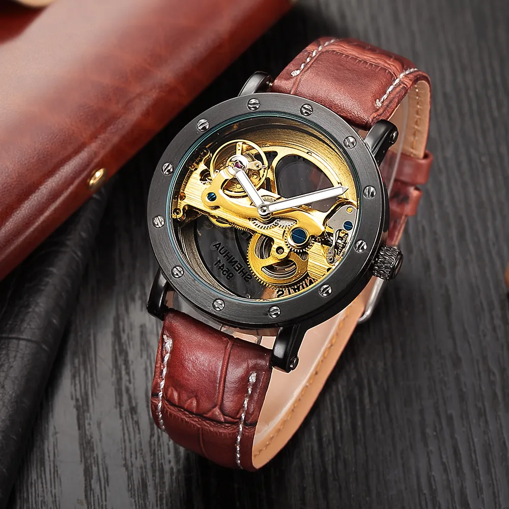 Relogio Masculino Shenhua Automatyczna mechaniczna turbillon zegarki Mężczyzn Mężczyzny Luksusowy skórzany zespół Transparent Stuleton Watch D18227G