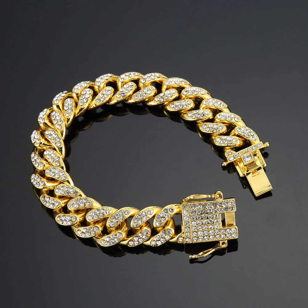 Hiphop bling bling smycken set 14k guldpläterad full kubisk zirkoniumhalsband armband män kvinnor miami kubansk länk kedja is ut A226m