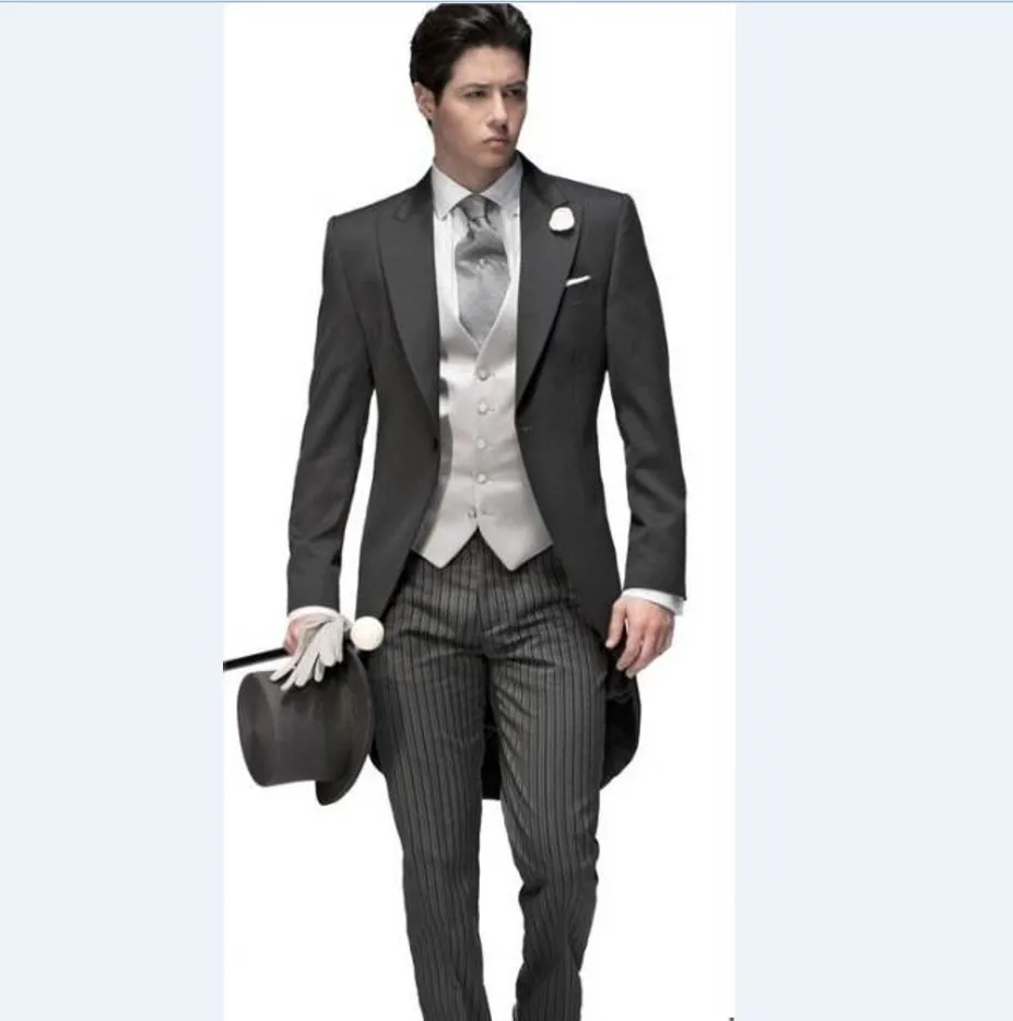 Morning Style Charcoal Grey Tailcoat Groom Tuxedos Eiegant Men Wedding Wear High Quality Men Formal Prom Party Surejacket Pants T276T