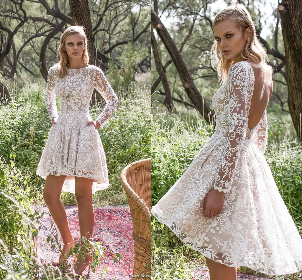 New Arrival Full Lace Short Wedding Dress Sexy Long Sleeves Jewel Neck A Line Hi-Lo Backless Wedding Dress Bridal Gowns Custom