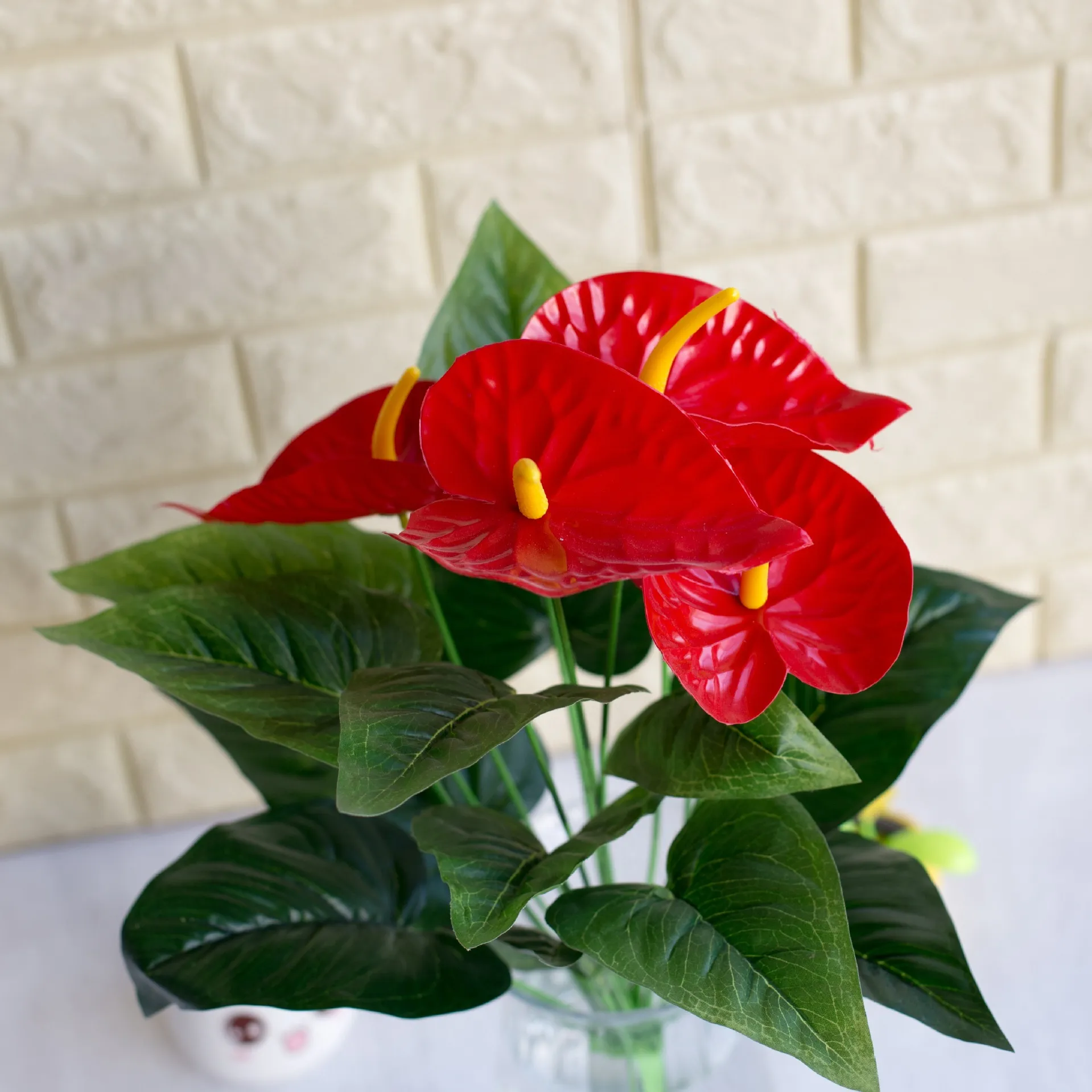 1 bouquet entier de 18 têtes de fleurs d'anthurium artificielles, plante en pot, fleur en soie, décoration de la maison, Shippin3956543