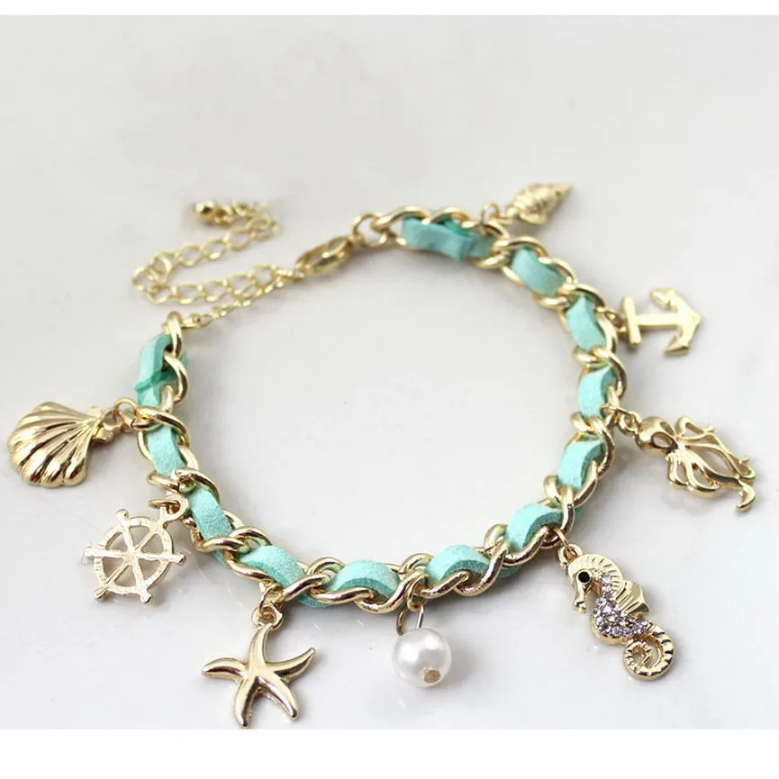 Mode Ocean Series Bracelet Anchor Roer zeesterland Shell Seahorse Octopus Pearl Charms Sea Element Bohemia Style Bracelet284s