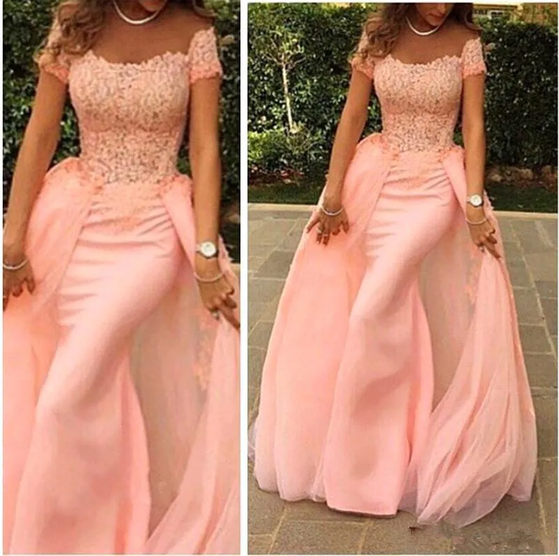 Elegant Arabic Off The Shoulder Satin Mermaid Evening Dresses With Over Skirts Lace Applique Formal Party Evening Gowns Wear