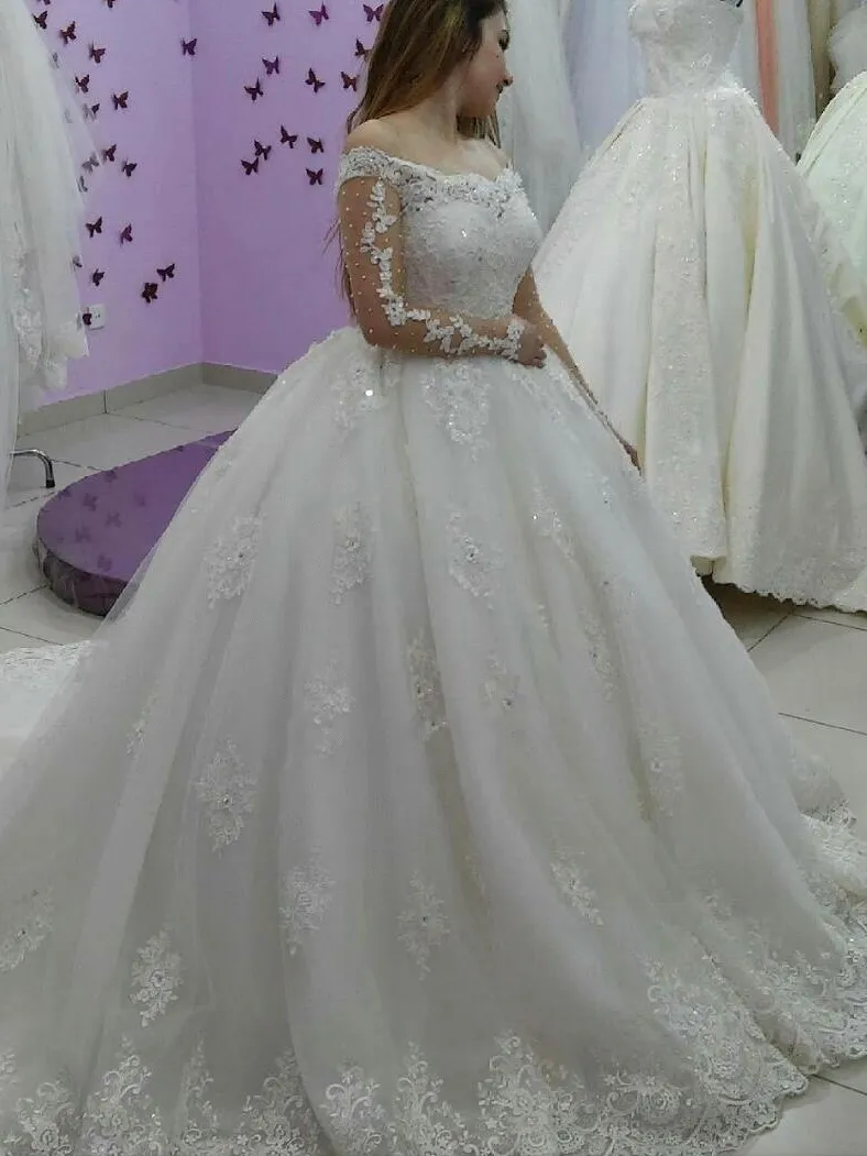 Lace Pearls Lace Off The Shoulder Long Sleeves Wedding Dress festido de noiva princesa vestidos de novia desmontables falda