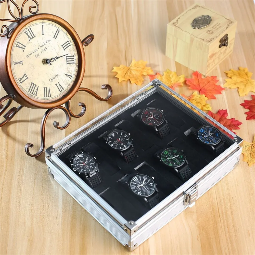 12 grades slots de alumínio relógios caixa exibição jóias armazenamento quadrado caso camurça dentro do recipiente relógio titularr253v