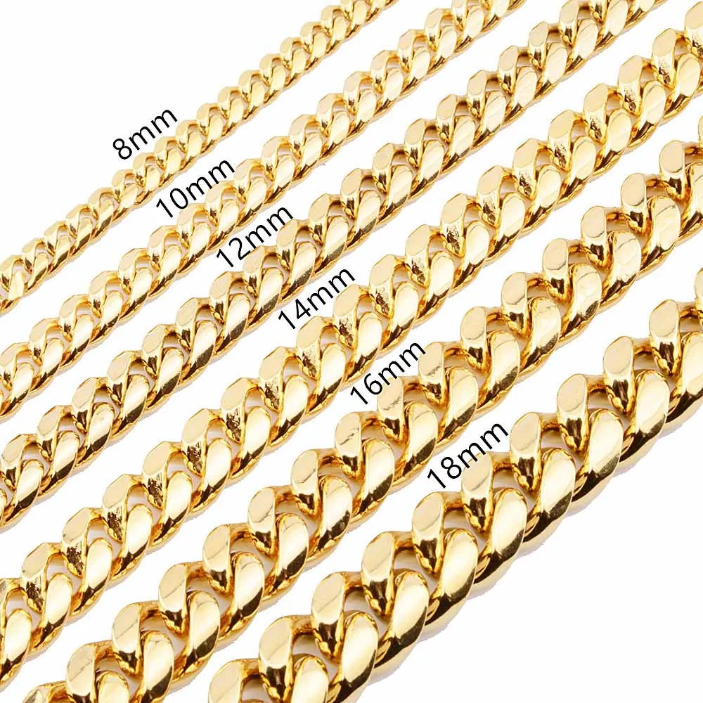 8 mm / 10 mm / 12 mm / 14 mm / 16 mm Bijoux en acier inoxydable Gold plaqué High Polied Collier Link Cubain Collier Punk Curb Chain Butterfly Clasp 1054