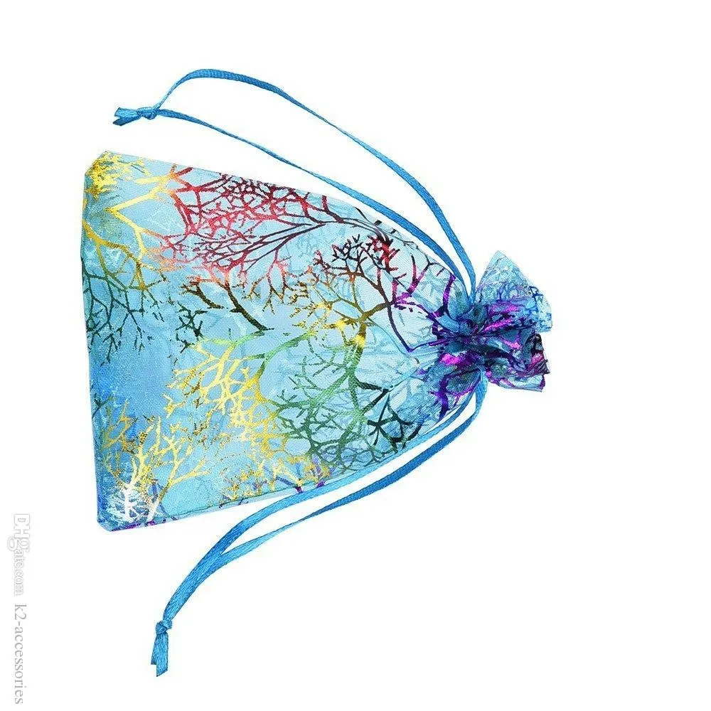100 Uds. Bolsas de Organza de Coral azul 9x12cm pequeña bolsa de regalo de boda bolsas de embalaje de joyería de caramelo bonitas bolsa con cordón 339h