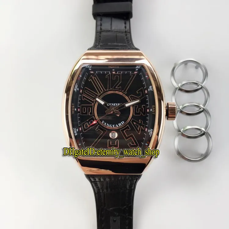 Luxry New Vanguard V45 SC DT DATE BLACK DIAL AUTOMATIC MENS WATH ROSE GOLD GOLD LEATHER STRAP SPORTS GENTS WATHS 01226S