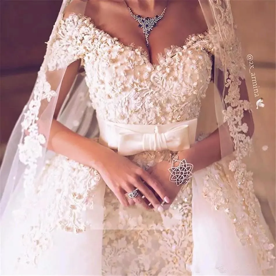 Arabic Lace Wedding Dresses Off The Shoulder Appliques Beaded Pearls Wedding Dress Detachable Skirt Plus Size Bridal Gowns Robe de mariee