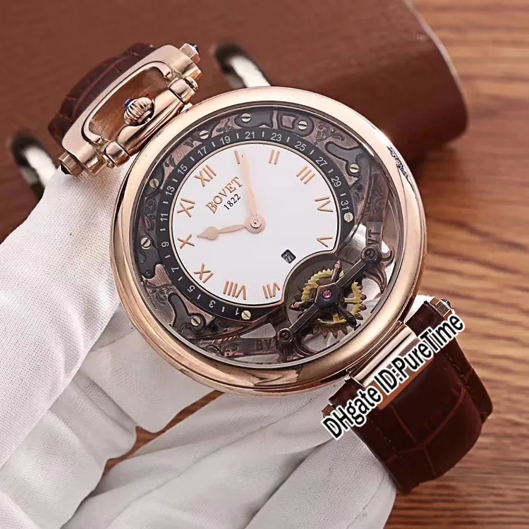 Novo Bovet Amadeo Fleurier Grand Complicações Virtuoso Rose Gold Skeleton White Dial Mens Watch Brown Leather Strap Sports Watches285c