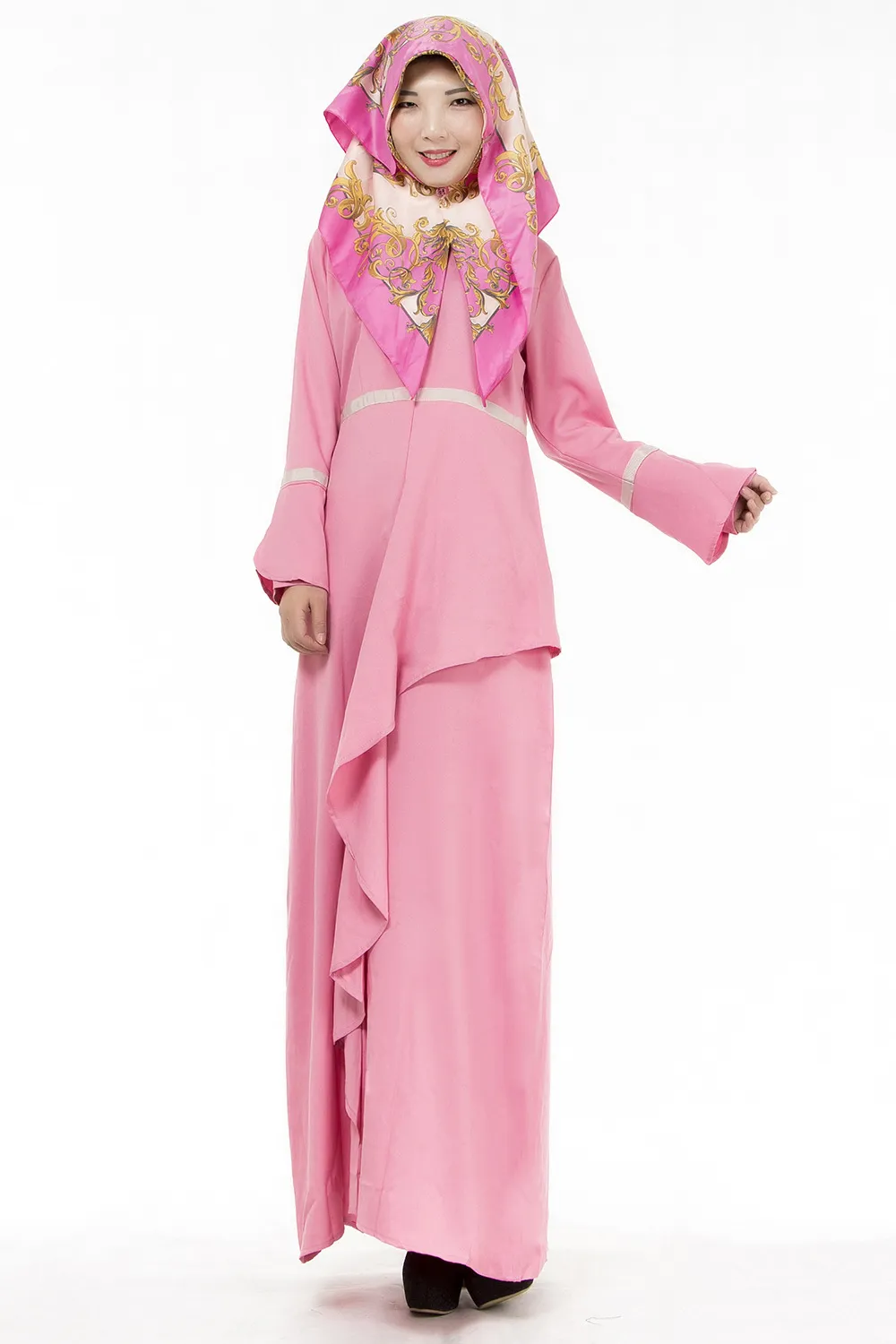 Мусульманские женские кафтан Абая Исламское платье О-образным вырезом с длинным рукавом империи талии шифон длина пола женская этническая одежда DK725MZ