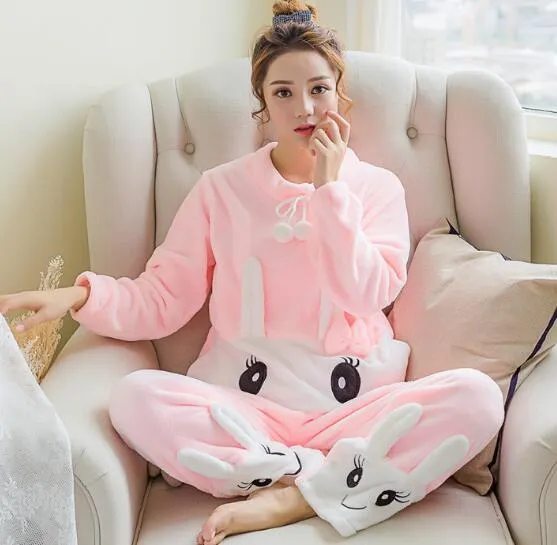 2018 hiver nouveau épaissi mignon lapin endormi corail polaire pyjamas doux confortable ameublement costume velours maison porter loisirs S1015