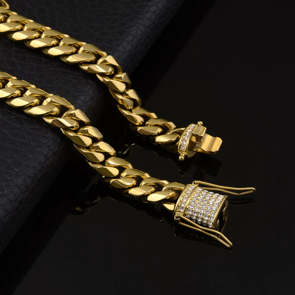 Smyckesuppsättningar i rostfritt stål 18K Guldpläterad gjutning Dragon Clasp W Diamond Cuban Link Halsband Armband 2st Män trottoarkedjor 103155