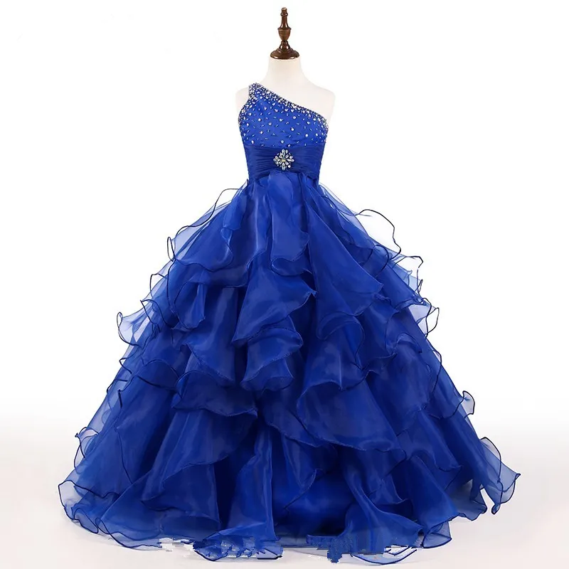 2021 로얄 여자 미인 대회 드레스 1 어깨 주름 푹신한 볼 가운 크리스탈 구슬 형식 아이 드레스 플라워 여자 드레스 240y